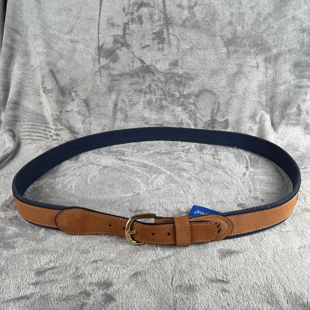 West Marine Mens Sailboat Embroidered Leather Canvas Belt Navy Tan Size 44 Brass